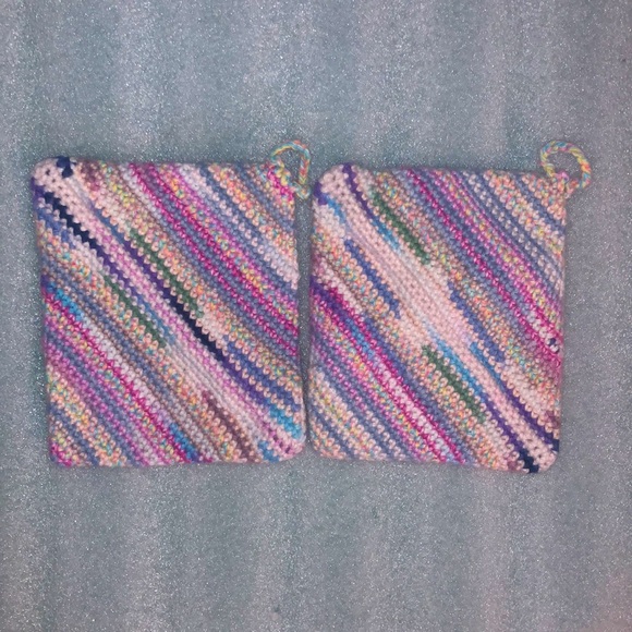 Pinks, purples, and blues crochet cotton pair of potholders - Picture 2 of 4